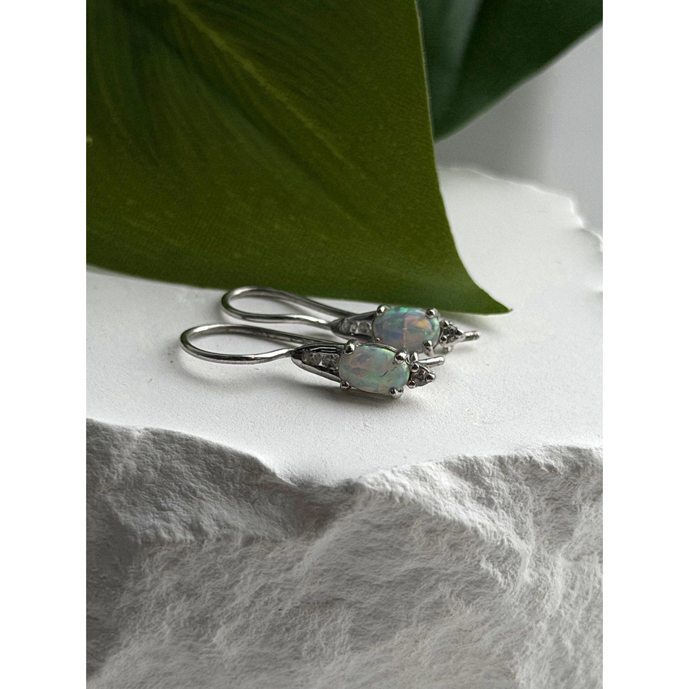 Art Deco Vintage 925 Sterling Silver Opal & Beryl Drop Earrings